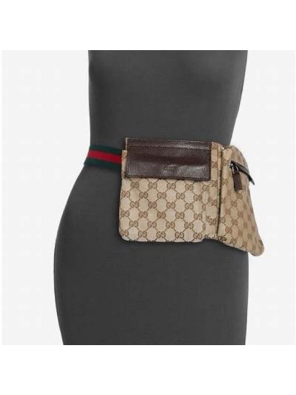 Gucci Beige GG Supreme Canvas Belt Bag with Brown Leather and Green-Red Web